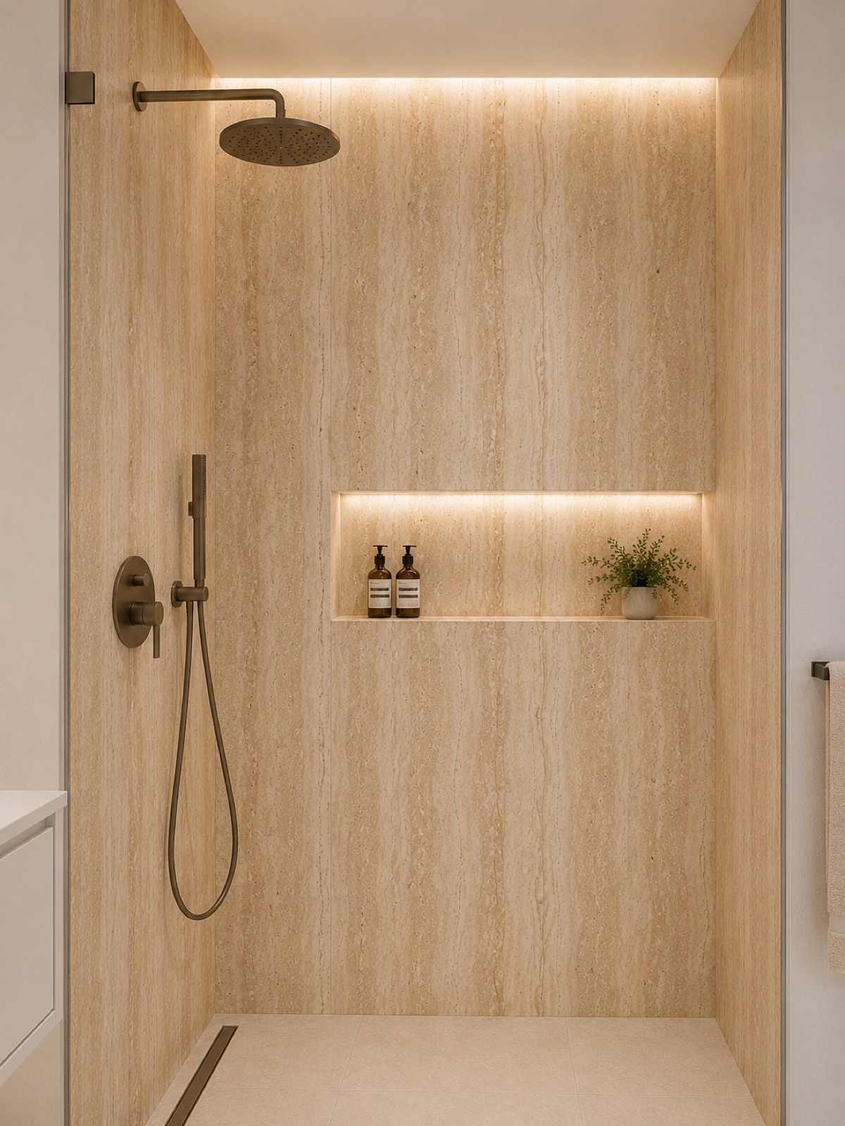 Ducha revestida con Travertino Beige Ducha revestida con Travertino Beige